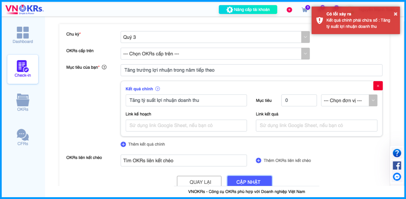 Kết quả then chốt - Phần mềm VNOKRs