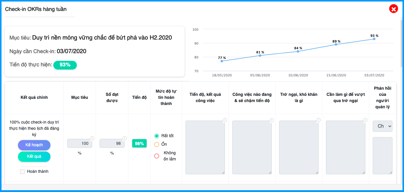Mẫu Excel OKRs - Tính năng check-in phần mềm VNOKRs