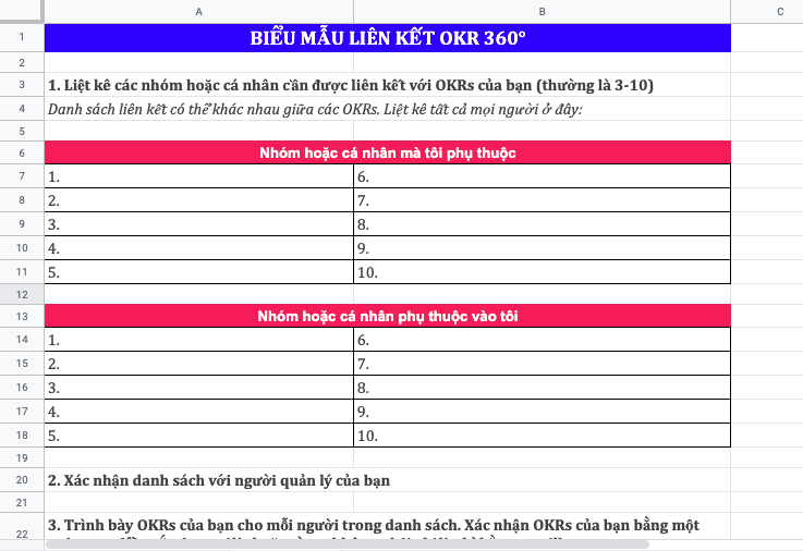 Mẫu Excel liên kết OKRs