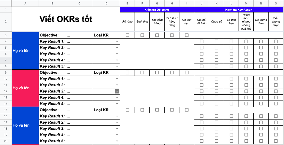 Mẫu Excel viết OKRs tốt